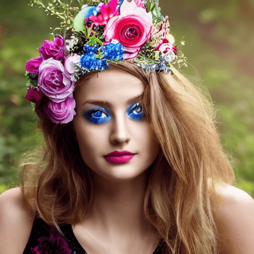 AI generated: Lady with floral headdress, blonde hair, blue eyes, seductive attire, garden, sunny day, realistic t...