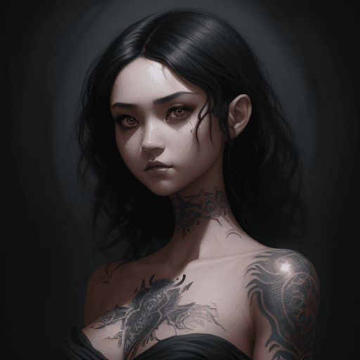 AI generated: Artgerm Hyperdetailed Gothic Romance Portrait Of Beautiful Slender Girl With Black Hair, dark tattoo...