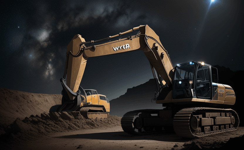 AI generated: Hyperrealistic exterior photography at eye level of a excavator with a landscape of outer space, dar...