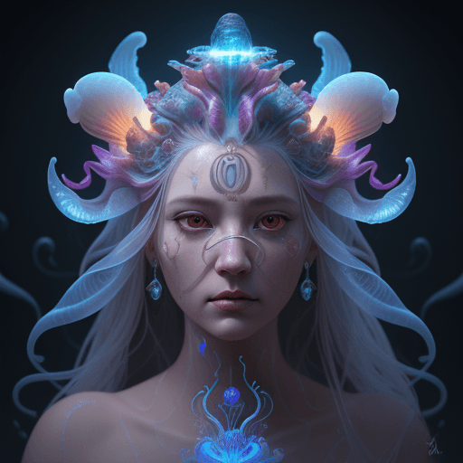 AI generated: Goddess close-up portrait ribcagel. jellyfish phoenix head, nautilus, orchid, skull, betta fish, bio...