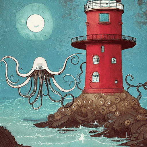 AI generated: A giant octopus with big eyes  holds a lighthouse in its tentacles painted by victo ngai, Alexander ...