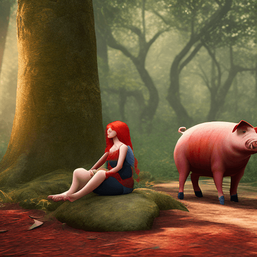 AI generated: Red haired india sitting on a scary pig in a forest. ultra realistic, 4k, hyper realistic, extreme d...