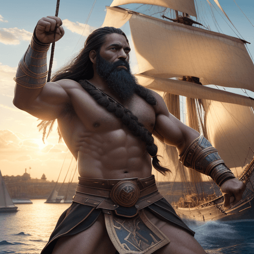 AI generated: A champion gladiator, bronze skin, dynamic warrior pose, braided long black hair, beautiful realisti...