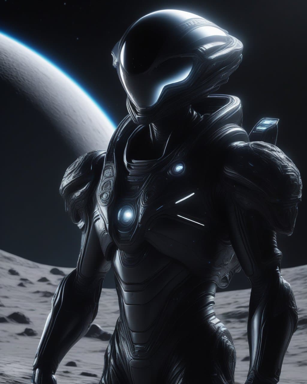 AI generated: epic, masterpiece, alien friendly standing on moon, intricated organic neural clothes, galactic blac...