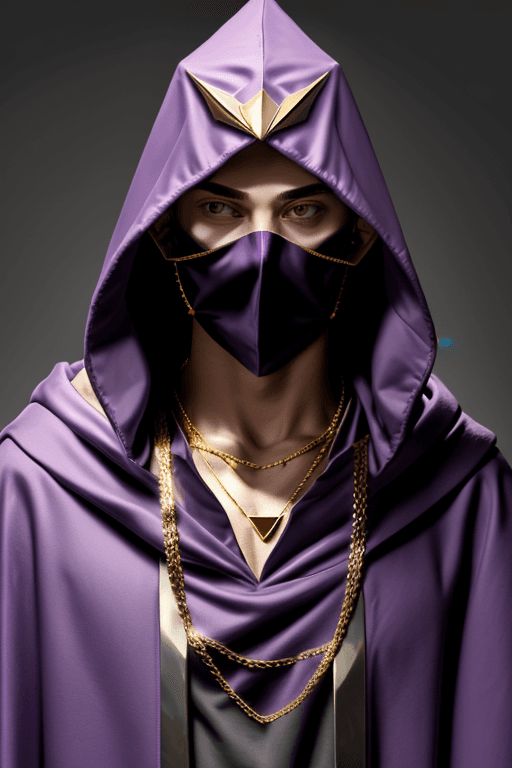 AI generated: Man in purple cloak hood, one big triangle mask, gold chains and jewellery. Invisible face
