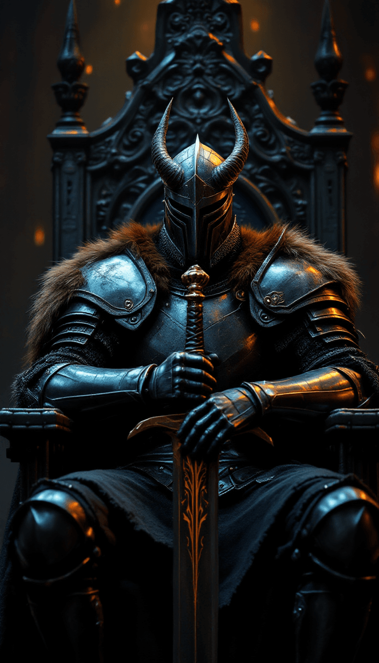 AI generated: A dark armored knight sitting on a gothic throne, gripping a massive broadsword with both hands, onl...