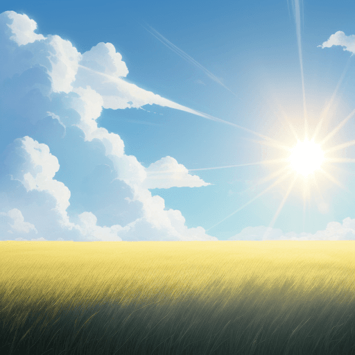 AI generated: An anime blue sky with tall clouds and sun shining with a large field of grass.