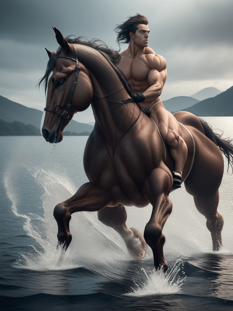 AI generated: ultra realistic photograph of (one stunning anthropomorphic ((muscular (male))) horse) in floss thon...