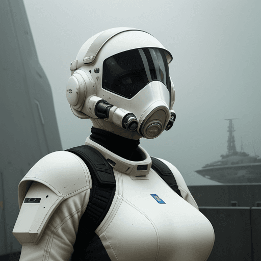 AI generated: armed female figure in white sci-fi spacesuit, on spaceport, sci-fi ship in the background, overcast...