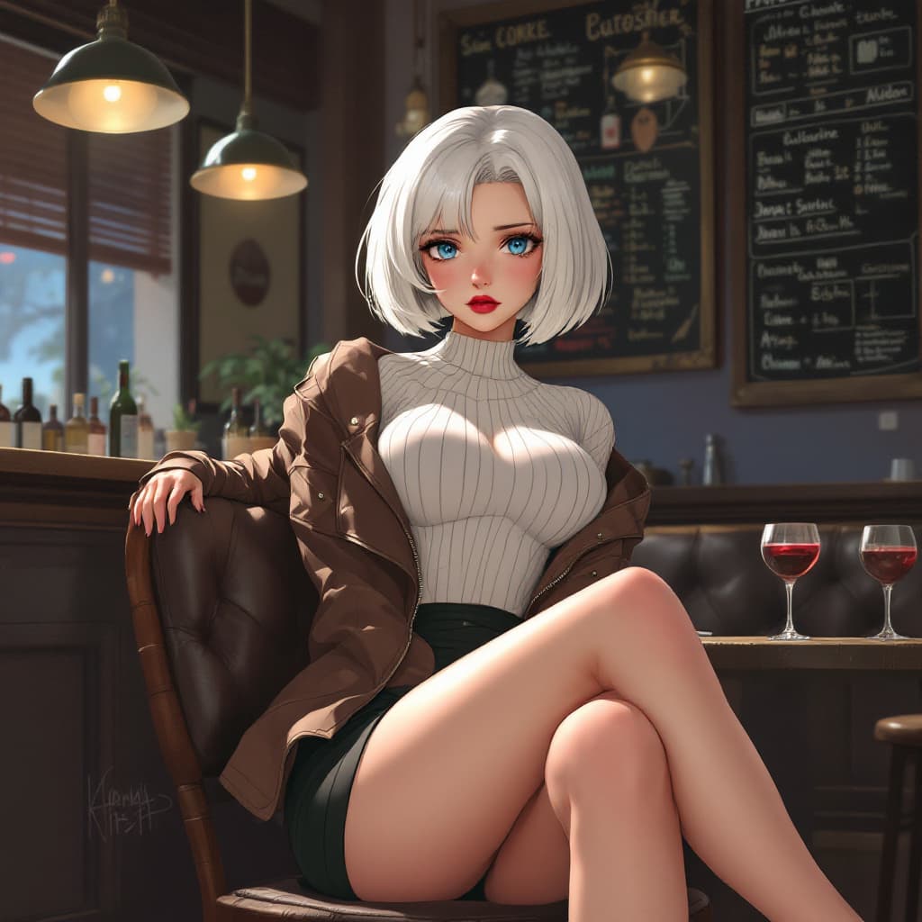 AI generated: anime, woman, white hair, bob cut, blue eyes, freckles, red lips, white sweater, tight sweater, shor...