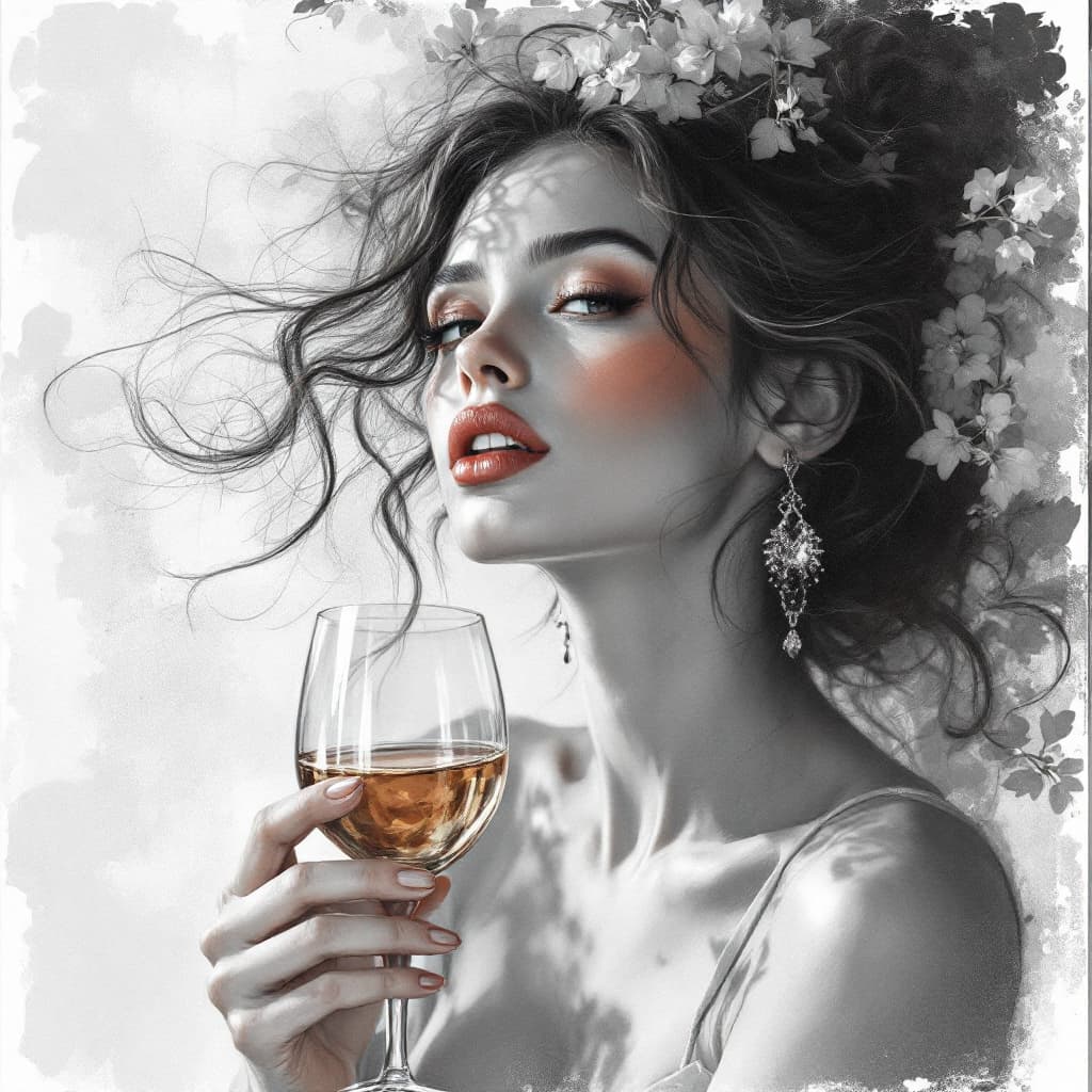 AI generated: pretty female, a glass of wine,, drunk.