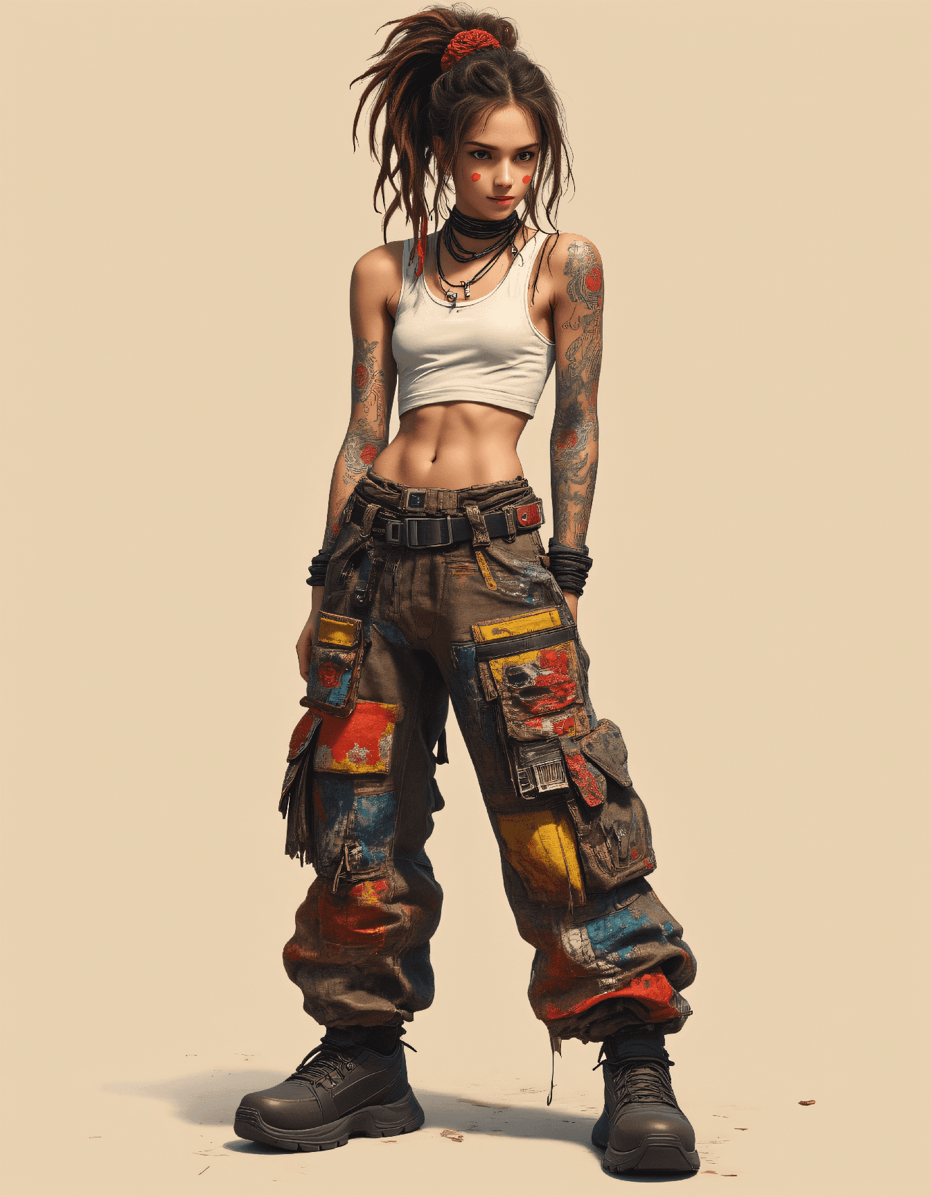 AI generated: A young japanese woman with cyberpunk street style, standing in a confident pose against a neutral b...