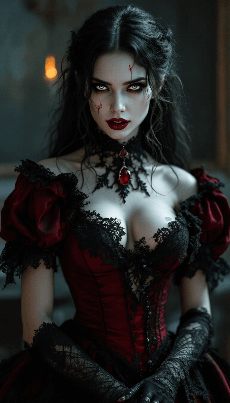 AI generated: A hauntingly beautiful yet terrifying female Victorian vampire, her **ghostly pale skin almost trans...