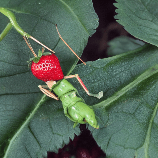 AI generated: image of a stick insect eating a strawberry, while the stick insect is on top of a tomato