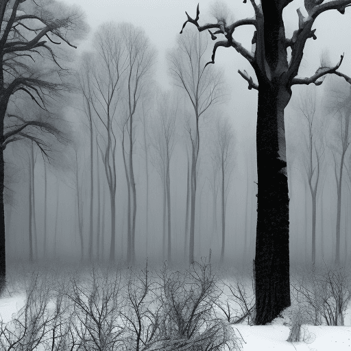 AI generated: Draw A dense forest shrouded in the eerie stillness of a nuclear winter. The trees, once lush and gr...