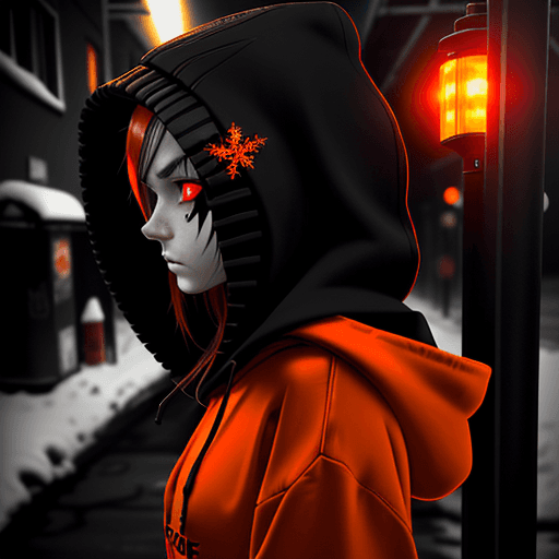 AI generated: side view beautiful emo girl in black hoodie one hood down with orange highlights. red eyes looking ...