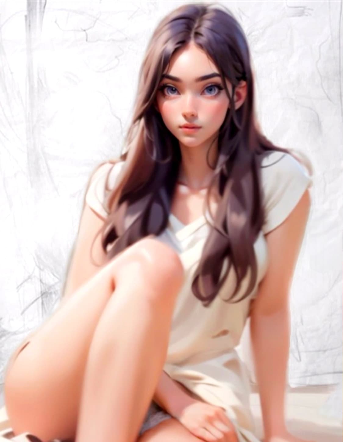 AI generated: A pretty female sitting seductively with one leg up, wearing a cotton shirt and skimpy shorts, long ...