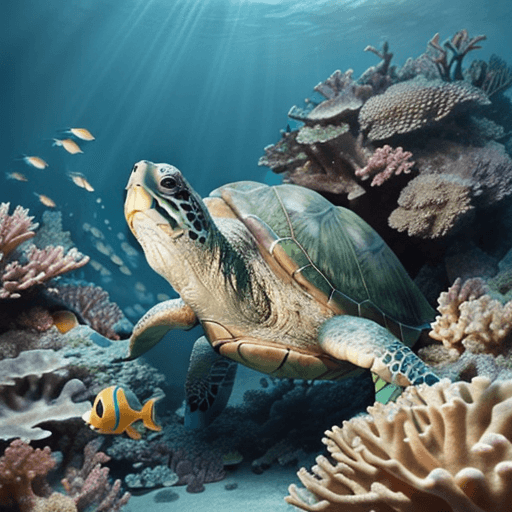 AI generated: Photo of a ultra realistic, small green dreamy turtle looking at us and a deeper boat wreck, corals,...