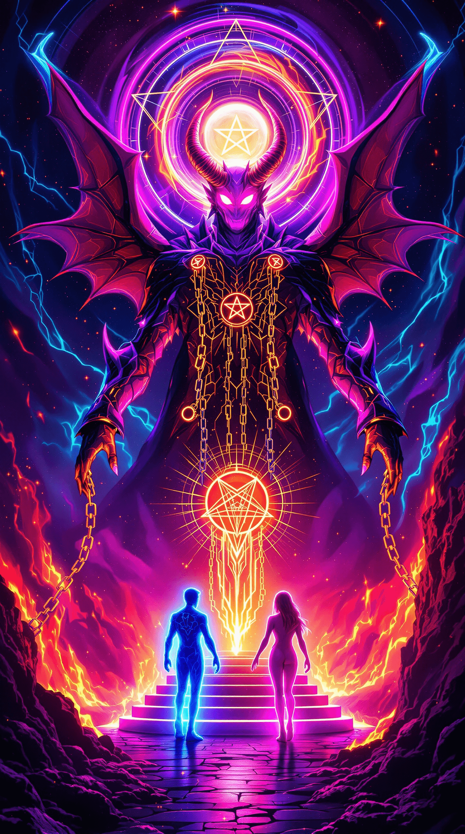AI generated: “The Devil’s Neon Dominion” – A towering, horned figure emerges from a swirling neon abyss, his form...