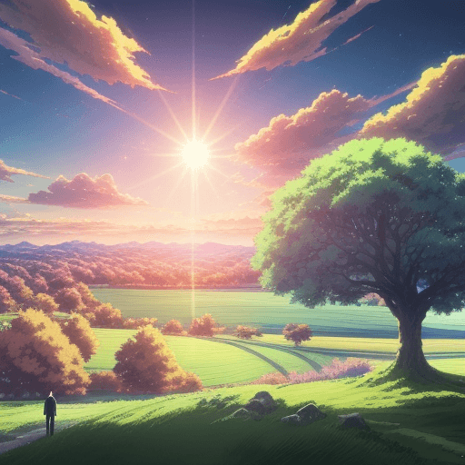 AI generated: anime landscape with a man standing , a tree in the middle,super sun , anime countryside landscape, ...