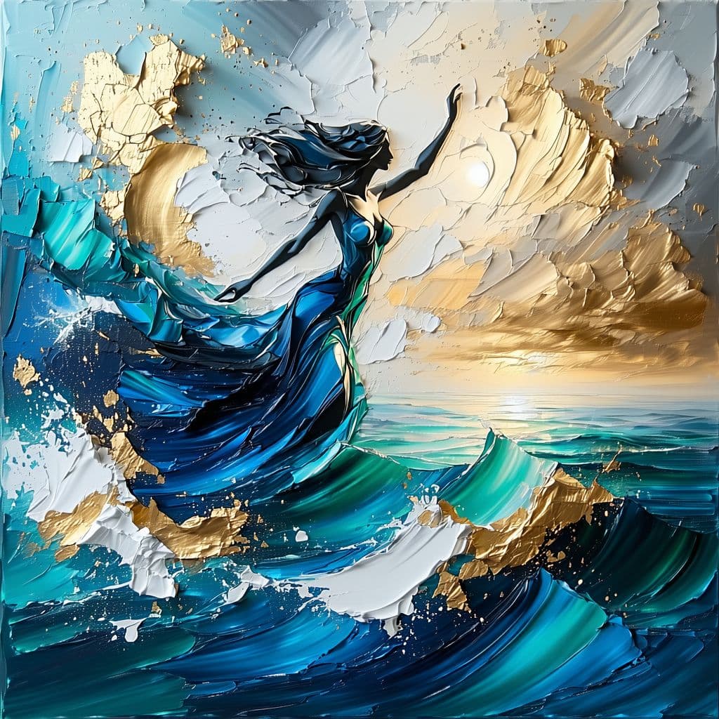 AI generated: An oil on canvas painting of The Birth of Venus, reimagined with a palette knife technique. The scen...