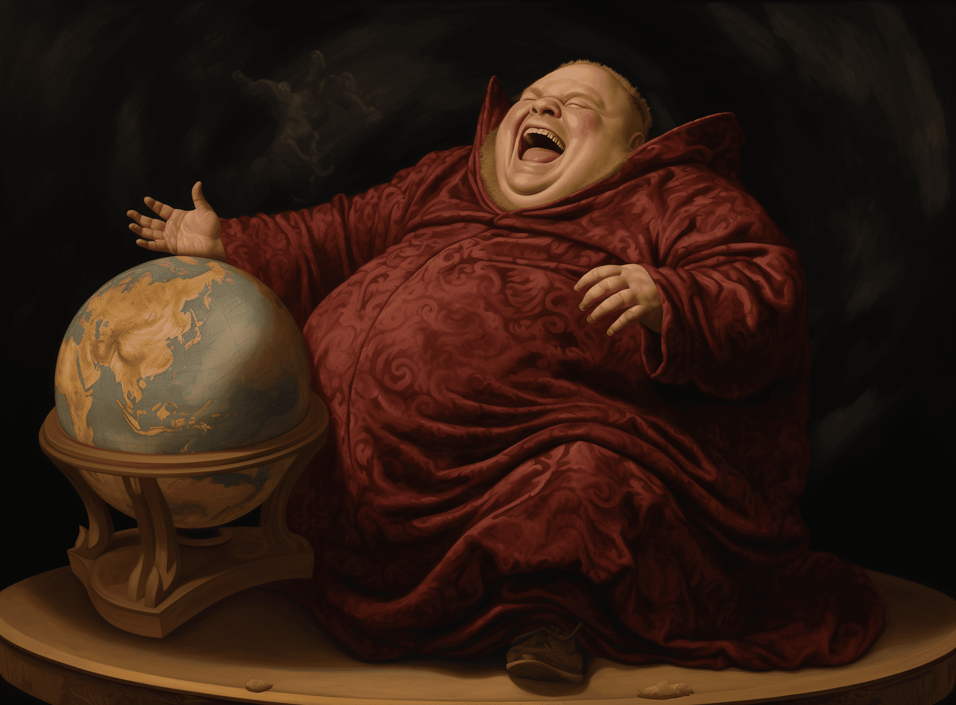 AI generated: A painting in the style of James C Christensen of an obese man sitting on top of the earth globe, ho...