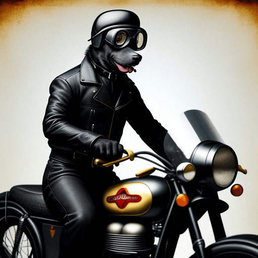 AI generated: black dog wearing a 1950's style motorcycle helmet and goggles --v 5 --s 250