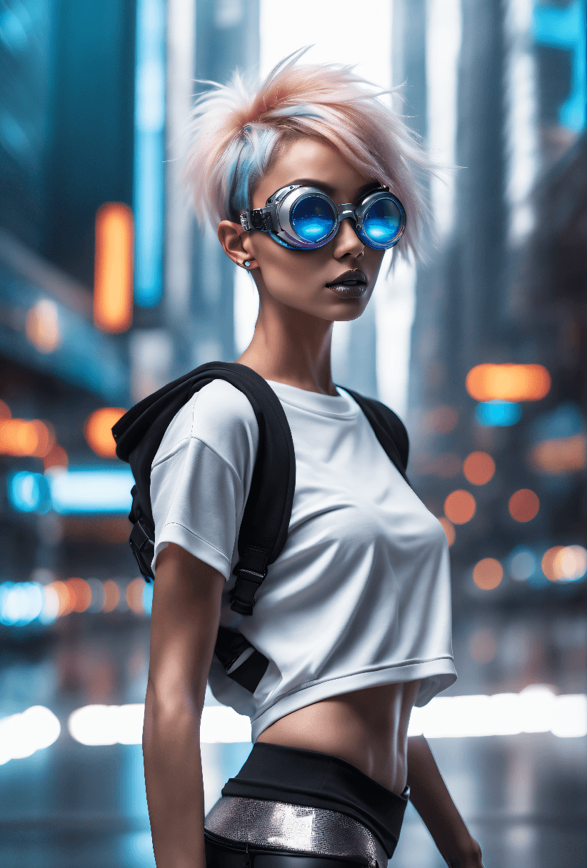 AI generated: metropolis-themed beautiful young, thin, fit, short messy hair, intrincate details, baggy pants, t-s...