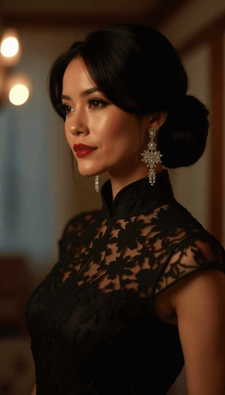 AI generated: photograph of a woman, black hair pulled back into a low bun, fair skin, glossy lipstick, light smok...