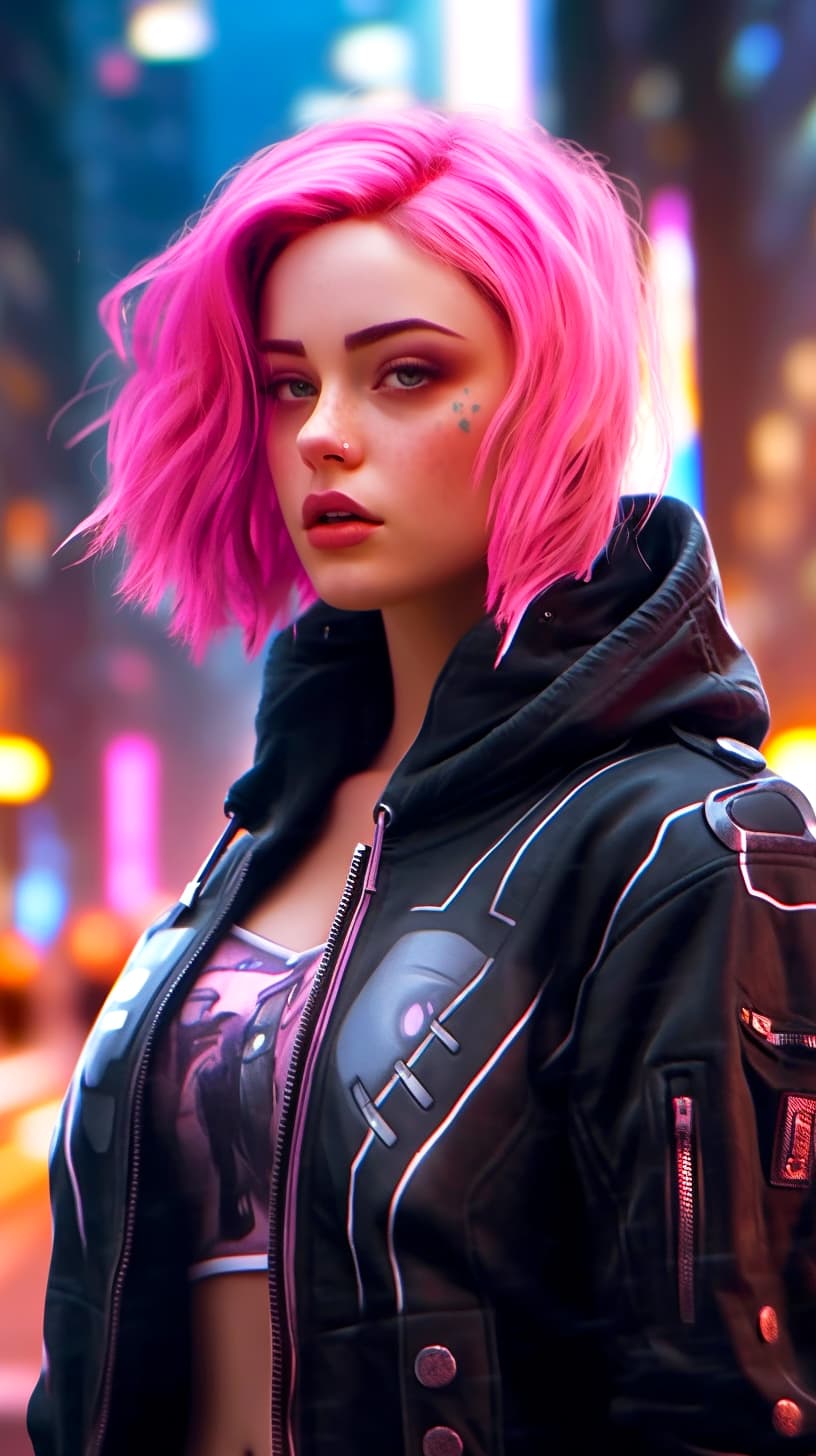 AI generated: A lady with a cute face, and sleepy beautiful eyes, wearing a black jacket, bright-colored neon pink...