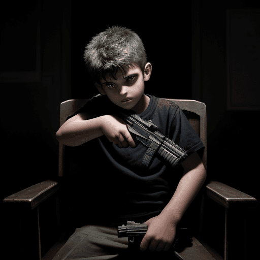 AI generated: a dark room, ultra hd, a boy aged 21 siting on the chair, lookin at the camera, intense face with gu...