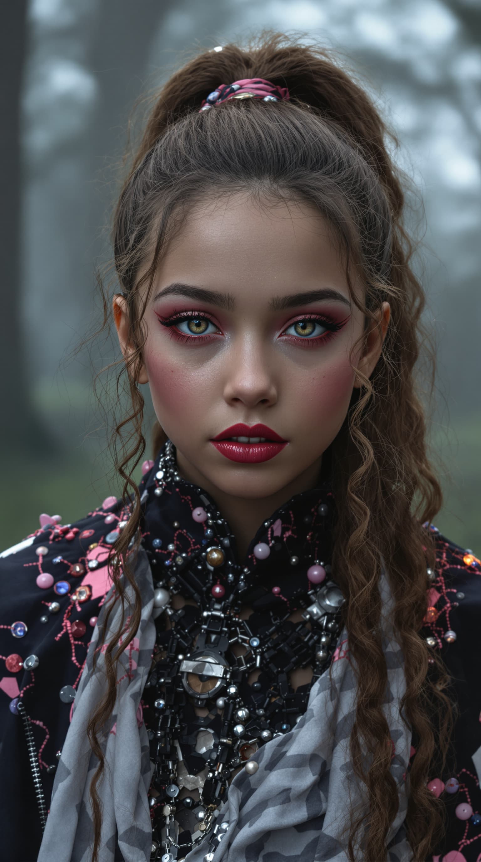 AI generated: A professional photograph of an extraordinarily beautiful eleven-year-old girl with an evil aura, ca...