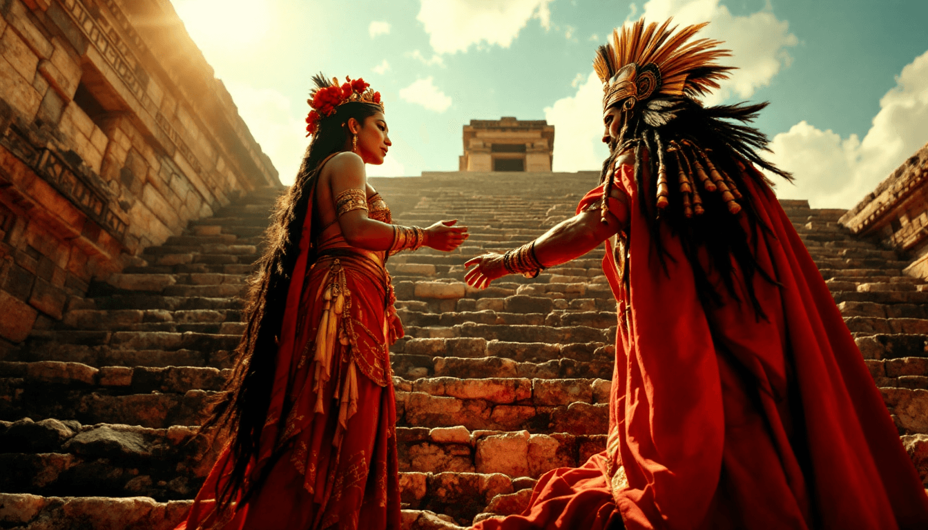 AI generated: Cinematic shot of a history movie, Aztec priest, temple steps, pre-Columbian Mexico, high noon, Azte...