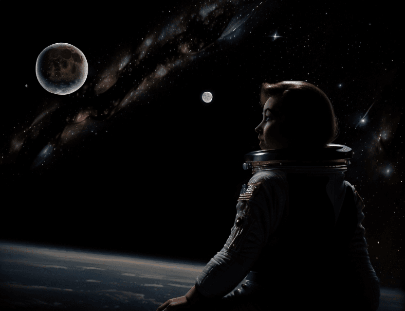 AI generated: Cute lady, 1950s style astronaut sits on a asteroid and enjoys a breathtakingly beautiful view of Ea...
