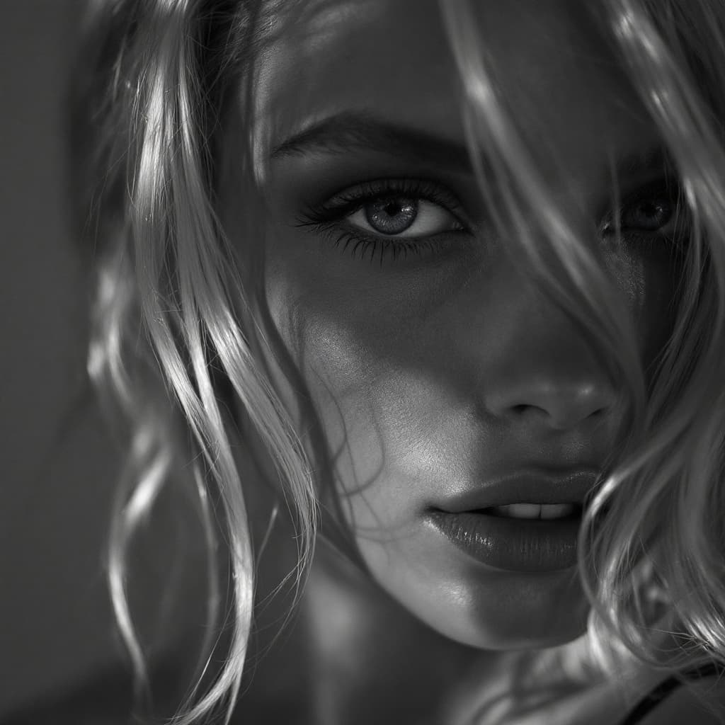 AI generated: high-resolution photograph, blonde woman, stunning use of shadows, in the syle of crisp lines and fo...