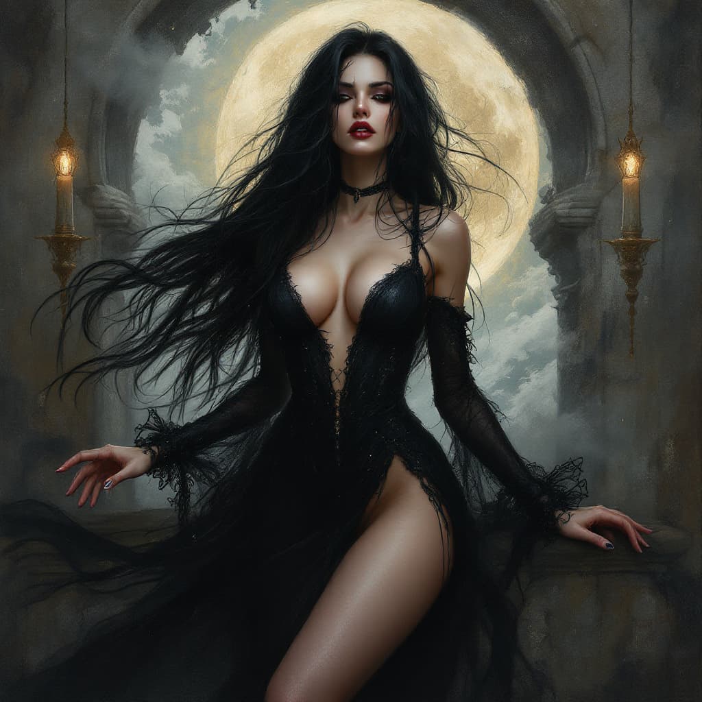 AI generated: a painting of a woman in a black dress, very sexy woman with black hair, diego fernandez, yennefer o...