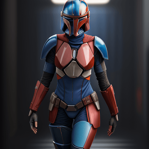 AI generated: female in (blue and red mandalorian suit) , (((full body visible) )), looking at viewer, portrait, p...