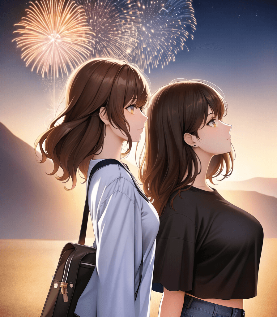 AI generated: ((perfect anime illustration)), 1girl, brown hair, medium hair, night sky, 9:00 pm, fireworks, ((((g...
