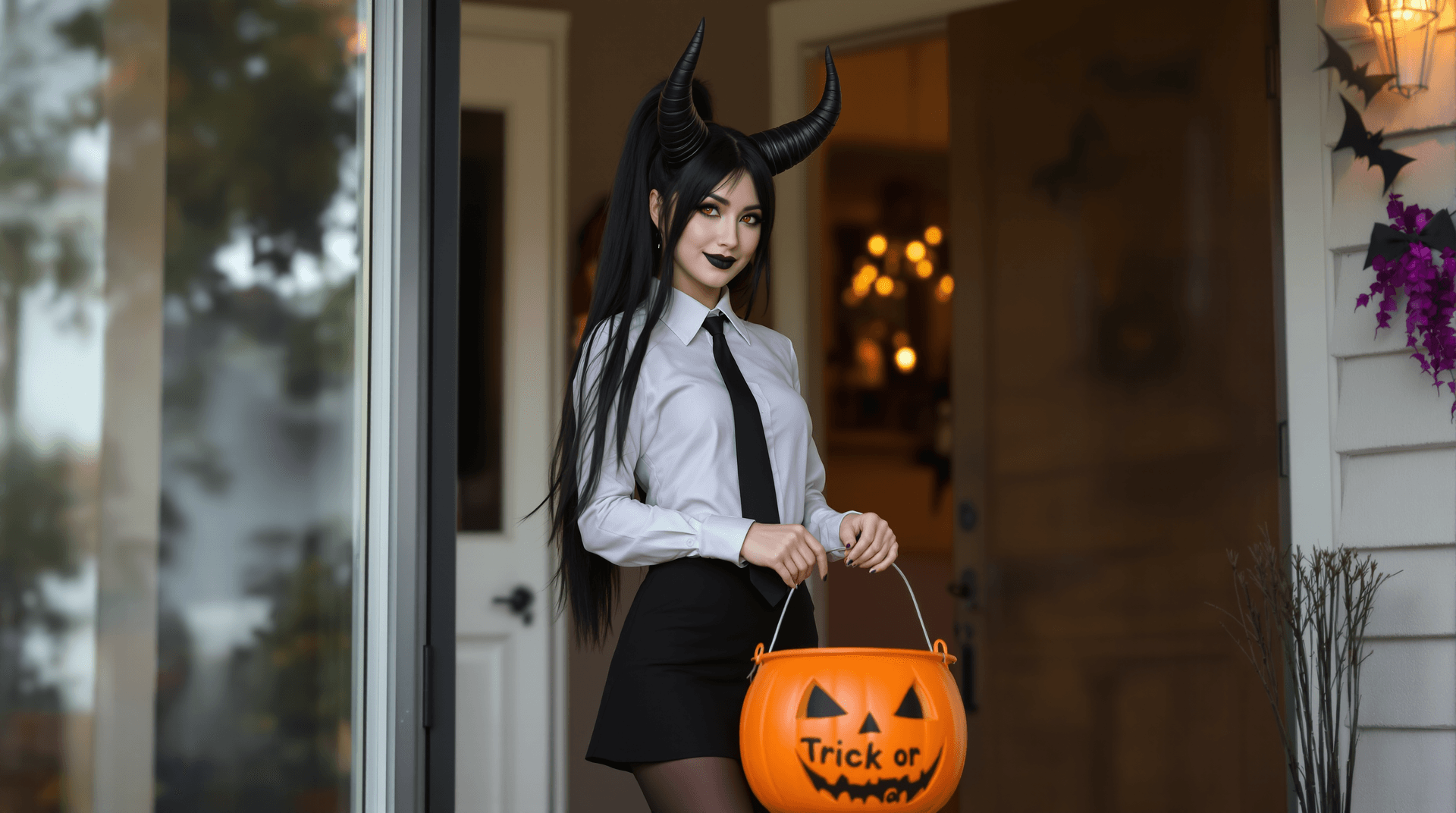 AI generated: Photo of a Halloween scene. You are inside a livingrom and open the front door and see a woman in he...