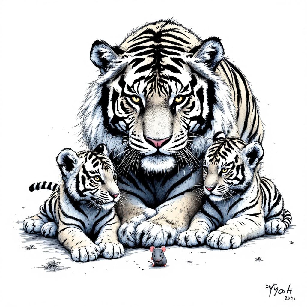 AI generated: A tiger and two tiger cubs, and a small mouse in black white and blue, in the style of yoh,ferocious...