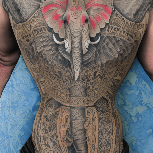 AI generated: TATTOO COLORED ON THE BACK, ELEPHANT, ARMOR, PERSIA, MONEY, LUCK,