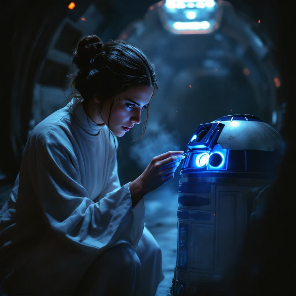 AI generated: "An ultra-detailed, cinematic scene of Princess Leia Organa crouched closely beside R2-D2 in the dar...