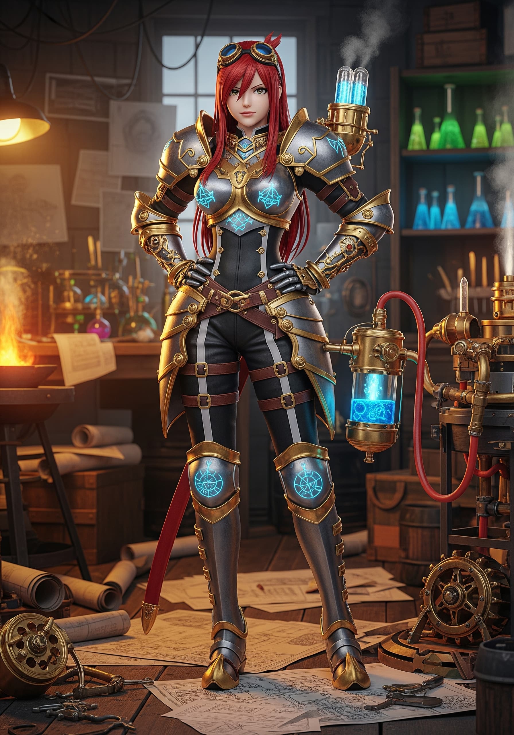 AI generated: A photorealistic, highly detailed artistic image of Erza Scarlet reimagined as 'The Gearheart Alchem...