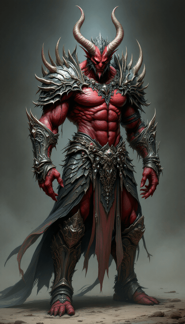 AI generated: Male behemoth demon in beauty armor. Red skin,
Many detailled, accessories, King, heel, 