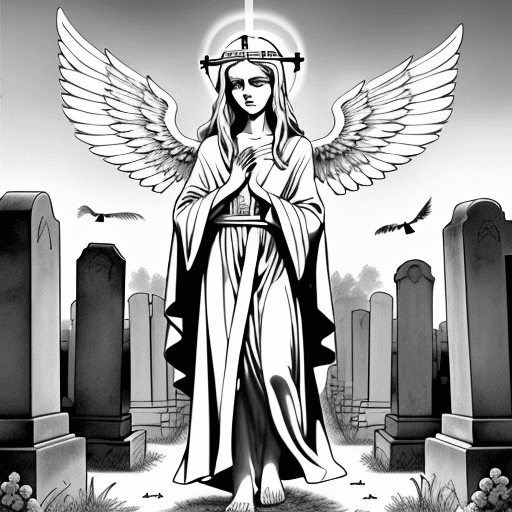AI generated: cemetery coloring page, a gloomy cemetery, with many tombstones, a beautiful angel walks, with brigh...