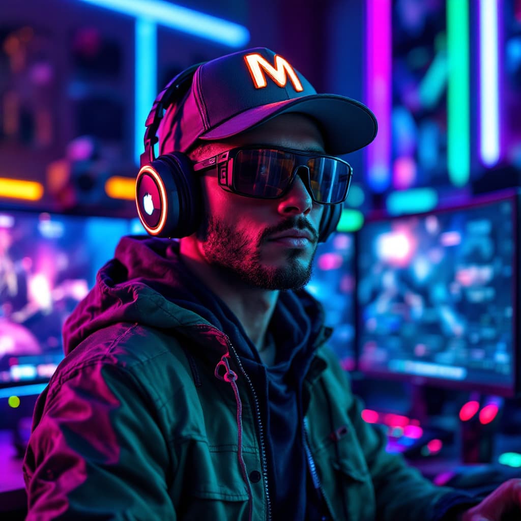 AI generated: A vivid, hyper-realistic portrait of a cutting-edge gamer. He stands in front of a multi-monitor set...