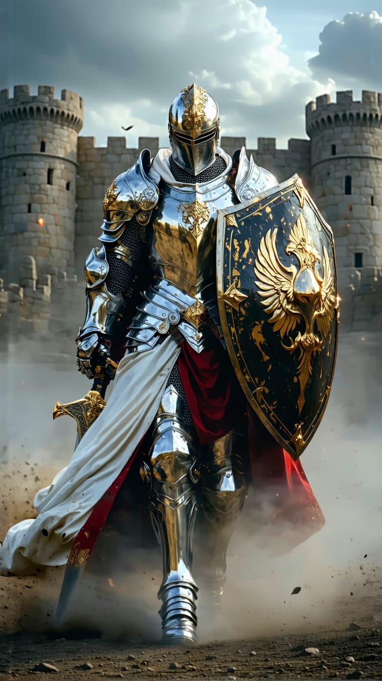 AI generated: An ultra-realistic, zoomed out, front facing, full-body portrait of a noble Paladin in gleaming silv...