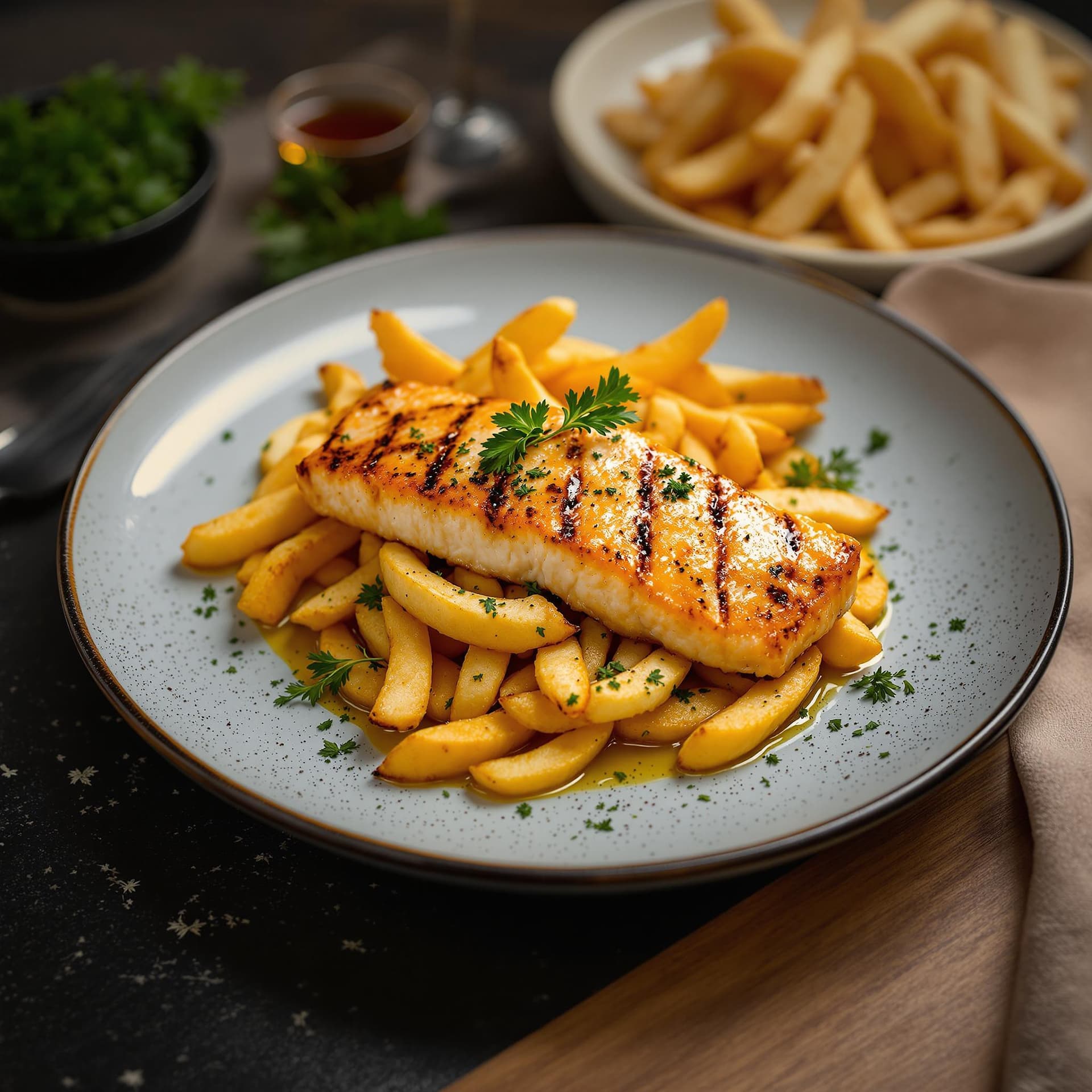 AI generated: STYLE: Close-up shot | GENRE: Gourmet | EMOTION: Tempting | SCENE: A plate of freshly grilled fish a...