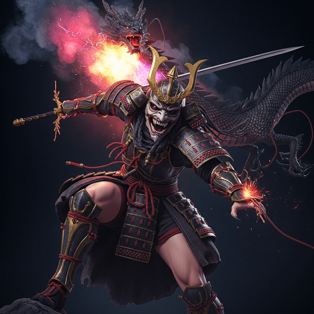 AI generated: an ugly behemoth masked divinity samurai like creature in action and unleashing an attack against en...