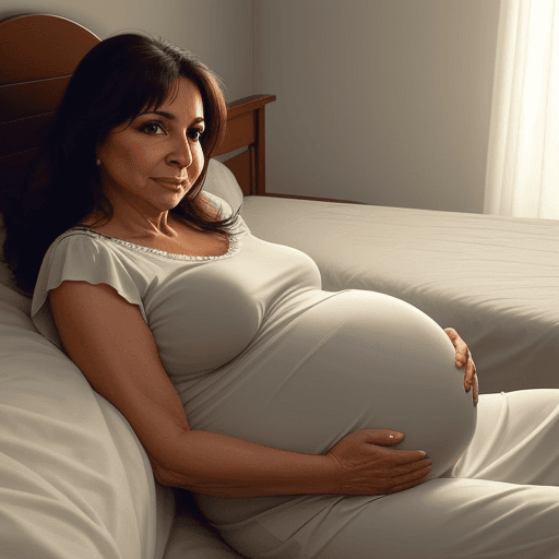 AI generated: Closeup photo of a mature, pregnant, latina woman in bed